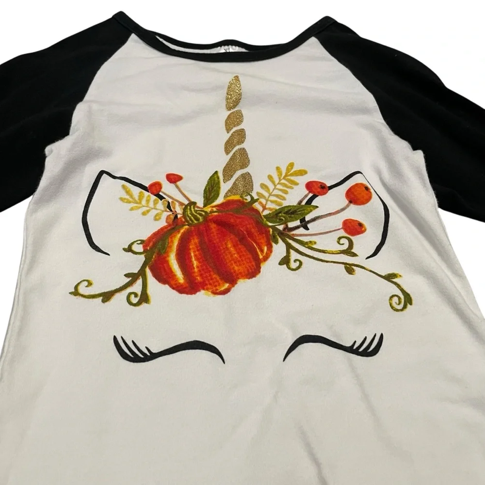 Girls Unicorn‎ Pumpkin Raglan Shirt with Black Ruffle Sleeve Size XL